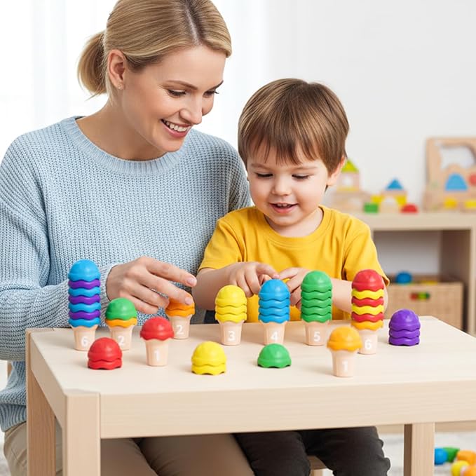 NEOROD Rainbow Ice Cream Counting Toy & Color Recognition Stacker，Sensory Math Manipulatives for Toddler Preschool Learning Activities, Fine Motor Skills Toy,Set of 42 Scoops，6 Cones, a Container.