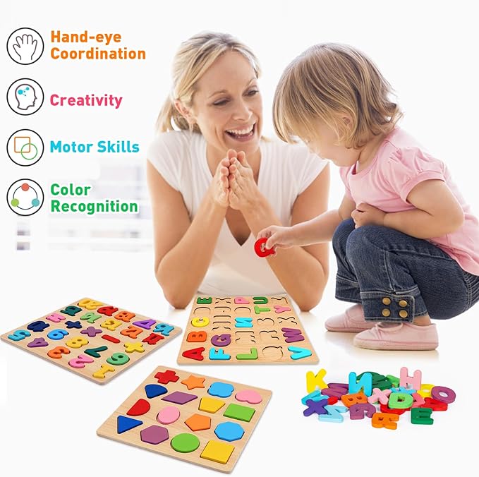 Attmu Wooden Puzzles for Toddlers 1 2 3 4 5 Year Old, Alphabet Number Puzzle Shape ABC Puzzle, 3 in 1 Preschool Educational Learning Toys with Puzzle Board for Girls Boys Set of 3