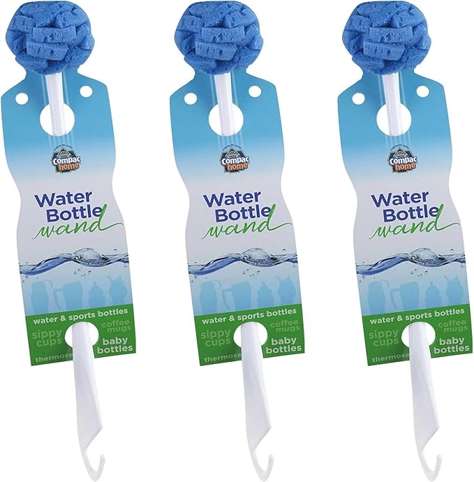Compac Home Water Bottle Wand 12 inch Long Handle Sponge Petals Brush/Clean Thermos, Coffee Mugs, Sport Bottles, 3 Count
