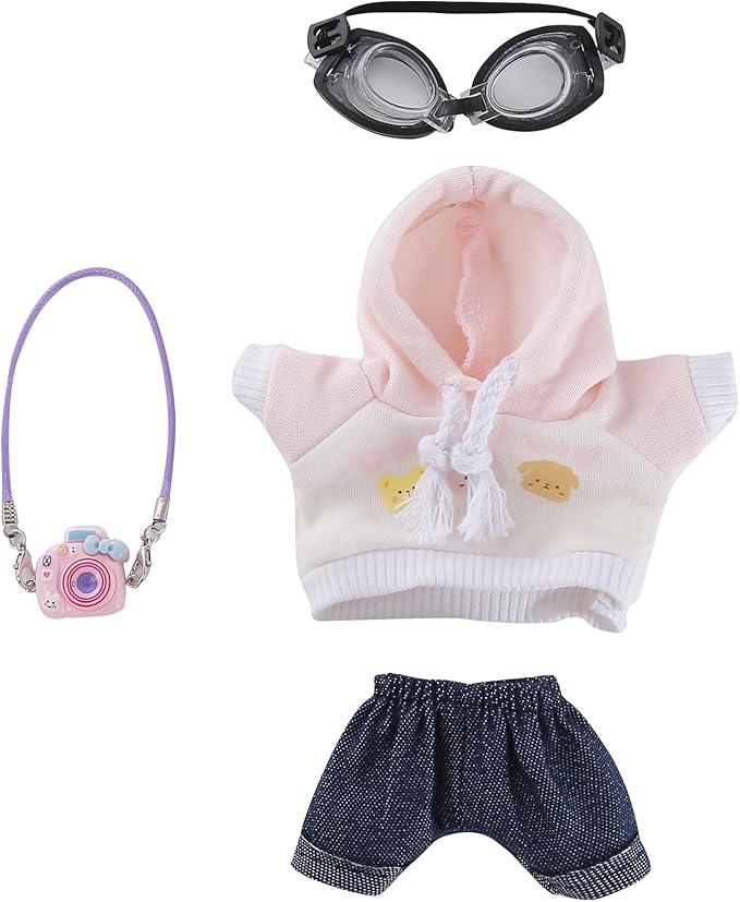17cm Doll Clothes Set 4-Piece Outfits for Doll Pink Fashion Clothing for Plush Dolls Accessories with Glasses Jeans and Hoodie