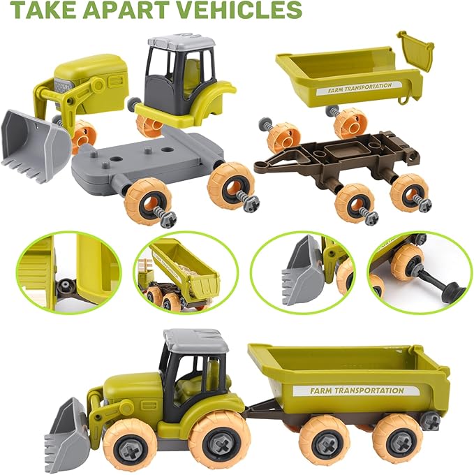 Play Sand Farm Toys, Farm Sensory Bins with 2.2lb Magic Sand, Animal, Take Apart Excavator Trailer Playset, Creativity Sandbox Toys with Lid for Kids 3 4 5 6 Years Old