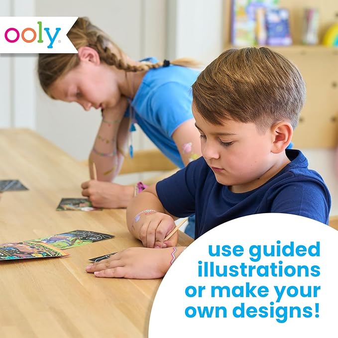 Ooly Mini Scratch & Scribble Art Kit - 6 Card Rainbow Scratch Art Set Gifts for Kids, Travel-Friendly Craft Kit, Scratching Tool Included - Funtastic Friends