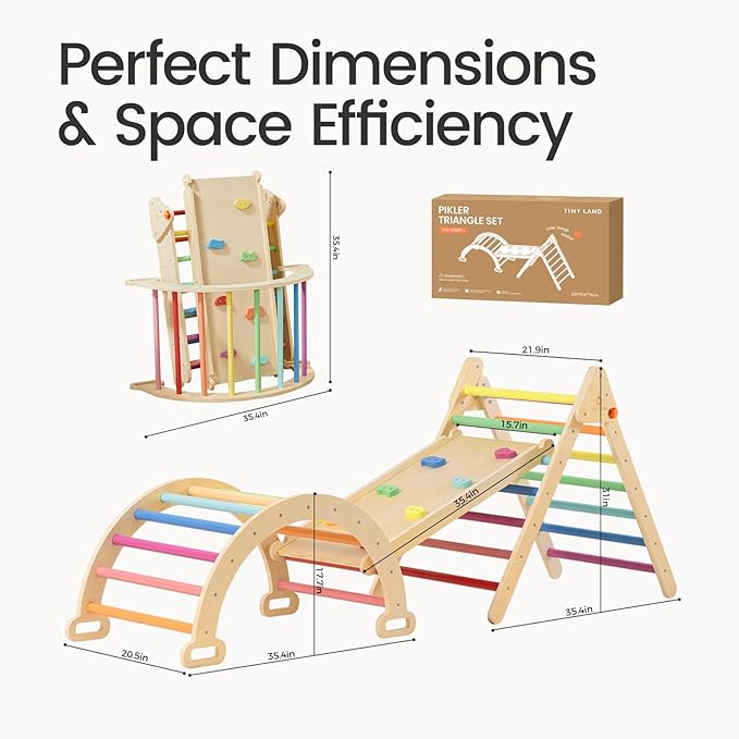 Tiny Land Pikler Triangle Set, 7-in-1 Foldable Pikler Triangle Climbing Toys Set for Kids,Baby Indoor Playground Jungle Gym, Wooden Montessori Climbing Set for Toddler (Rainbow,Large)