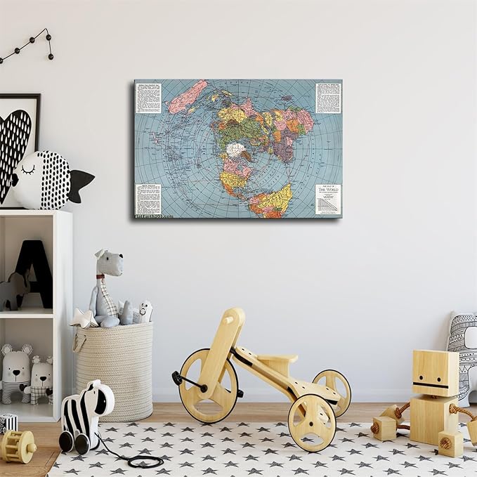 Flat Earth Map of The World Model - 1943 Polar Azimuthal Equidistant Projection Map Art Poster Room Aesthetic Wall Art Canvas Decoration Home Decor Gifts (24×36inch Framed)
