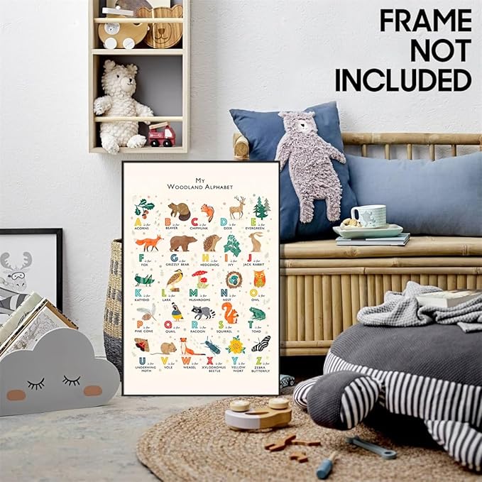 Alphabet Poster - Woodland Animal ABC Letters for Toddlers 1-3, Classroom & Nursery Wall Art, 12x16in Unframed