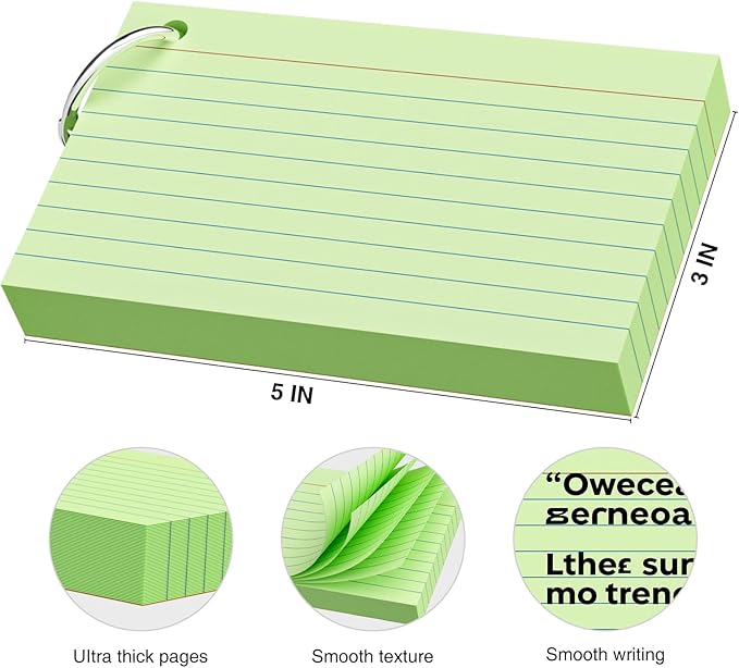 250 Count Green Index Cards 3x5 Inch with Key Ring, Color Flash Index Card (50 Sheets Each), Durable & Portable Note Taking for Students, Teachers, Study Note Cards for Office Home School
