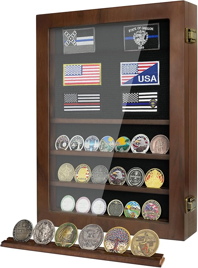 Military Challenge Coin Display Case 6 Rows Wooden Army Coin Holder with HD Tempered Glass Lockable Coin Wall Dsplay Box with Removable Shelves, Walnut