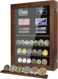 Military Challenge Coin Display Case 6 Rows Wooden Army Coin Holder with HD Tempered Glass Lockable Coin Wall Dsplay Box with Removable Shelves, Walnut