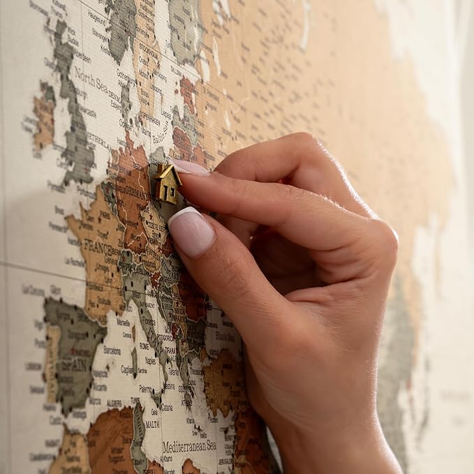 Canvas World Map with Cork Pin Board - English Lettering - Decorative Wall Decoration for All Rooms - Canvas Pictures with World Map Motif (70x50 cm, Pattern 2)