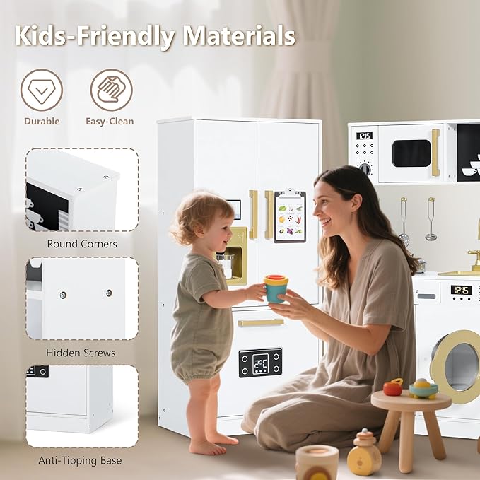 Kinder King Wooden Kids Play Kitchen, Toy Kitchen Playset for Toddler, Play Kitchen Set w/Transparent Coloring Board, Pretend Fridge, Washing Machine, Ice Maker, Gift for Boys Girls Age 3+, White