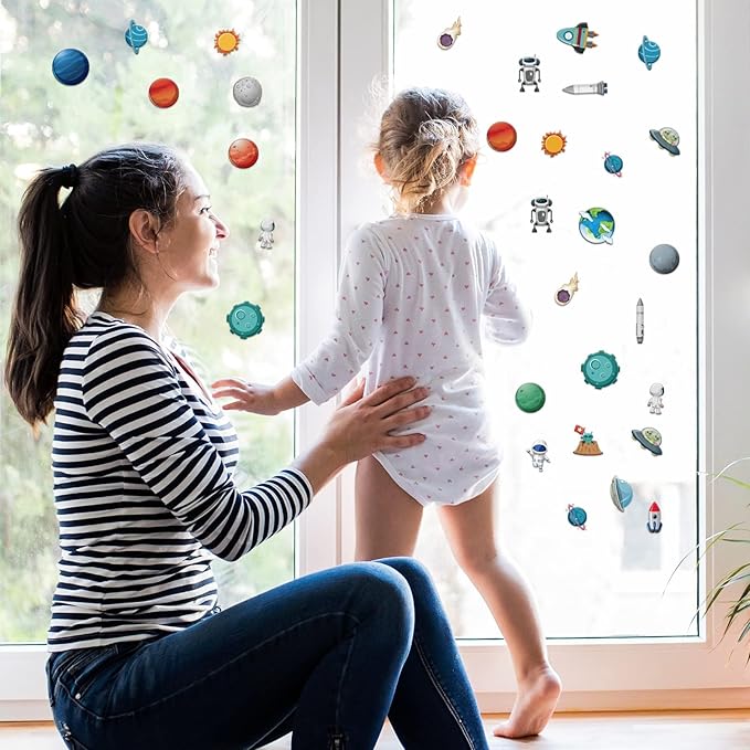 3D Outer Space Puffy Sticker Play Set Kids 2-4 Toys Gifts Sticker Book Galaxy Window Clings Decals for Toddlers Home Airplane Solar Systerm Party Supplies Decorations 100 Reusable Puffy Stickers