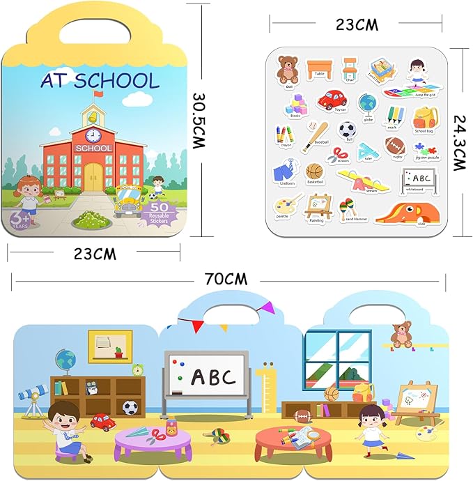 JOFREY at School Reusable Sticker Book,Jelly Sticker for Kids,50pcs Stickers ，Quiet Busy Book Preschool Learning Activities for Toddlers Ages 3-6