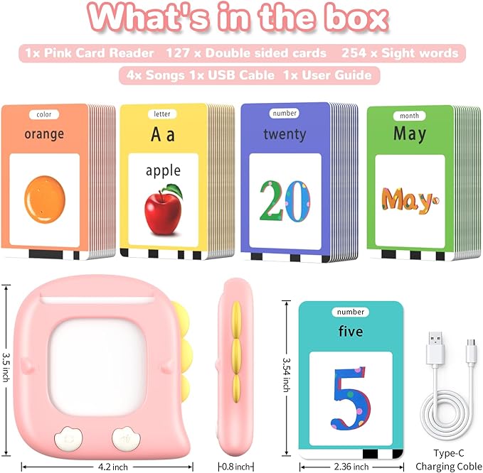 Kidzdo Dinosaur ABCs Learning Toys with 254 Words Talking Flash Cards, Birthday Present for 2 3 4 5 6 Years Old Girls, Pocket Speech Language Therapy Toys for Toddlers Ages 2-6, Pink