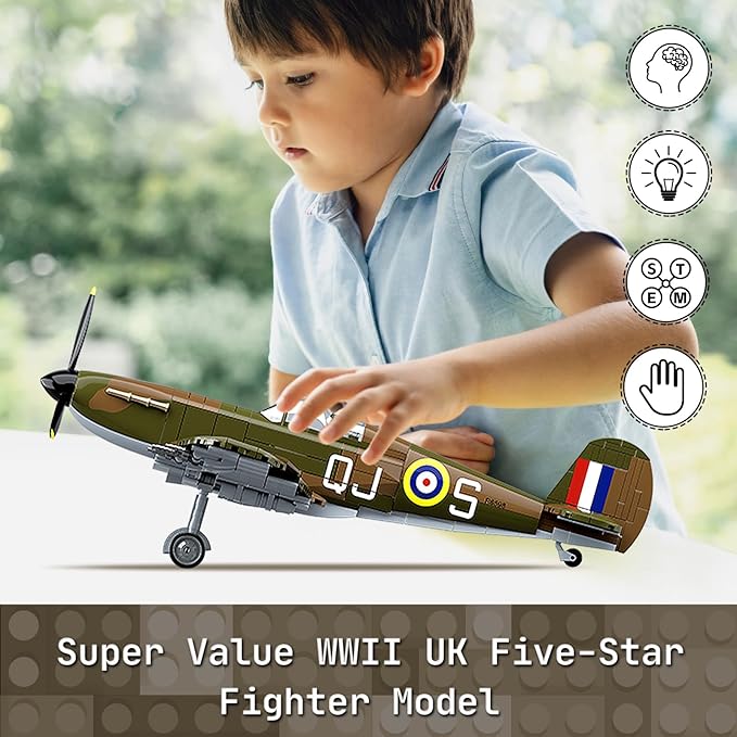 WW2 Military Fighter Jet UK Spitfire F.MK.la Plane Building Block Set, 682PCS Army Airplane Models Kit, Compatible with Lego,Airplane Toys Gifts for Ages 6+ Kid and Adult