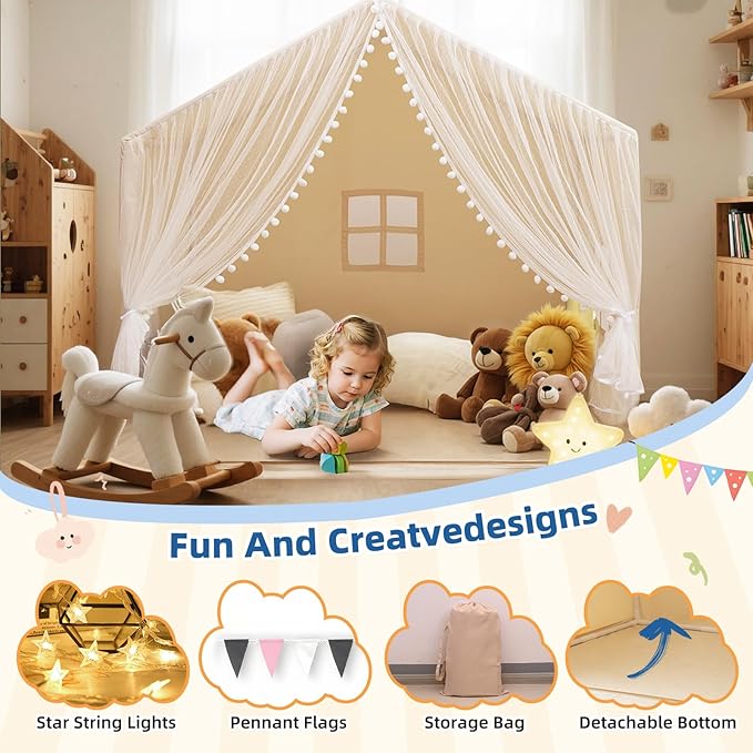 Large Kids Play Tent, 55.1in Length, Fits 3-4 Children,Indoor Playhouse for Kids, with Padded Mat and Lights, Bed Tent for Toddler, Birthday for Boys Girls