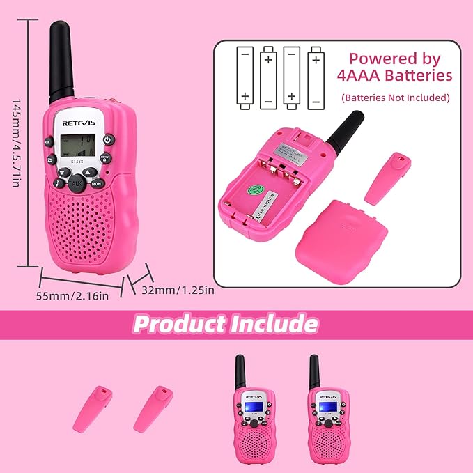Retevis RT-388 Kids Walkie Talkies for Girls Boys,6-12 Year Old Kids' Toys,22 CH LCD Flashlight,Christmas Halloween Gifts,Camping Outdoor(Pink,2 Pack)