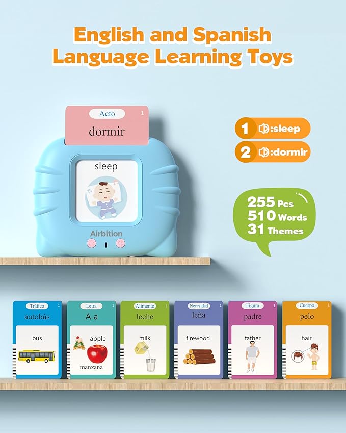 Bilingual Spanish and English Talking Flash Cards for 1-3, Airbition Pocket Speech Therapy Tools with 512 Words, Montessori Language Learning and Autism Aids, Children's Sensory Learning Kits