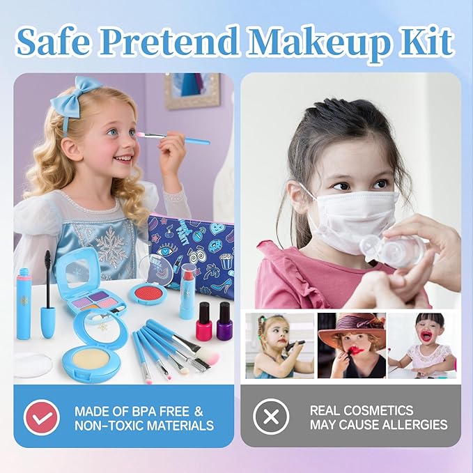 Toddler Girls Toys Pretend Makeup Kits - Fake Makeup Set for Kids 3 4 5 6 Year Old , Play Makeup Gift for Little Girls 3-5, Toddler Kit with Fake Make up Toy Birthday Gift (Blue)