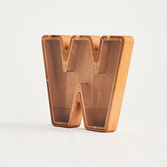 Personalized Wooden Piggy Bank – Custom Letter W Coin Bank in Beech Wood with Clear Acrylic Front, Engraved Name Option, Money Saving Box for Kids and Adults