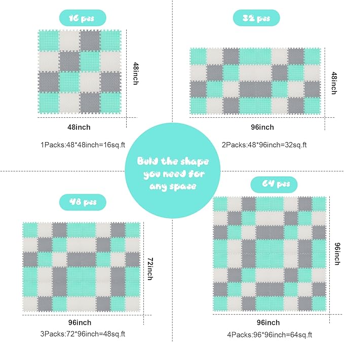 Shihanee Foam Floor Baby Tiles Foam Floor Mats Play Mats Bulk with Borders Interlocking for Kids Baby Playroom Nursery Gym (White, Gray, Green,64ft)