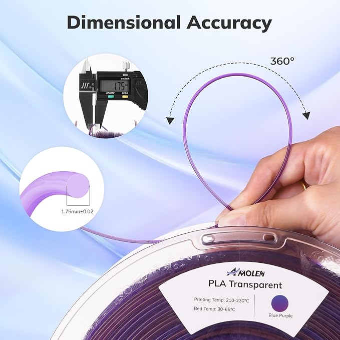 AMOLEN PLA 3D Printer Filament, PLA Filament 1.75mm Transparent Blue Purple, with Light Transmission Feature,1KG/2.2lb
