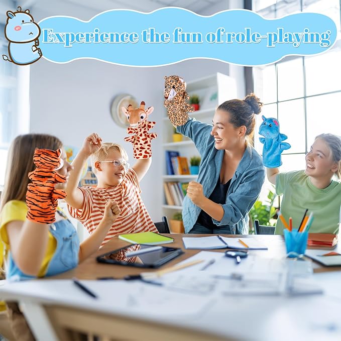 6Pcs Hand Puppets for Toddlers - Stuffed Animal Puppets for Kids, Including Lion, Tiger, Hippo, Leopard, Giraffe and Monkey for Puppet Show Theater, Stocking Stuffers for Kids
