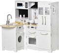 Qaba Pretend Play Corner Kitchen, Interactive Wooden Kids Play Kitchen w/Realistic Sounds, Telephone, Refrigerator, Oven, Microwave, Gift for Toddlers Aged 3+