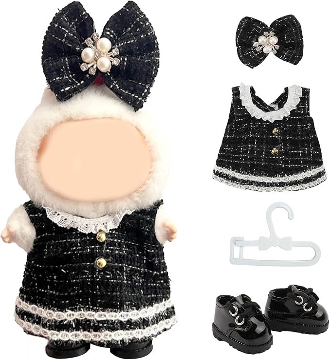 17cm Doll Clothes and Shoes Set, Cute Girls Outfits and Leather Shoes, 4 PCS Black Chic Dress Stylish Outfits Exquisite Accessories
