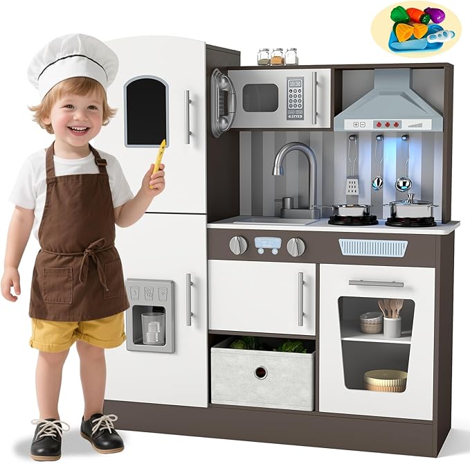 JOYDIAS Kids Play Kitchen Set, Pretend Wooden Kid Kitchen Playset Toy Kitchen w/Sound and Light, Oven, Ice Maker, Blackboard & Toy Storage Box, Toddler Kitchen Accessories for Kids Ages 3+