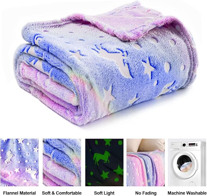 TEHALK Personalized Unicorn Blanket for Girls, Glow in The Dark, Fleece 30"x40"