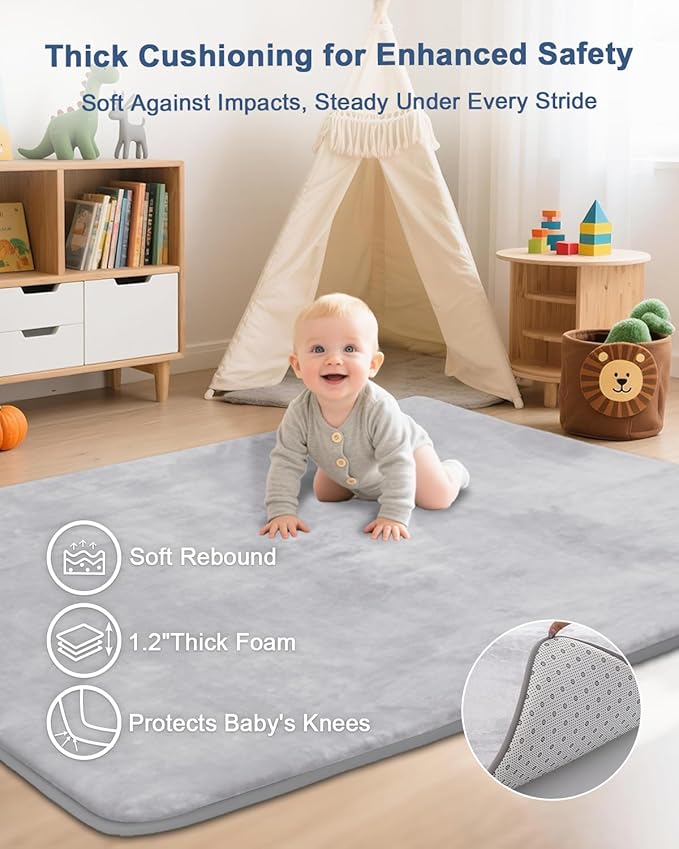 Large Thick Baby Play Mat for Floor,Padded 74x50 Playpen Mat,Foam Tummy Time Mat,Soft Support&Plush Feel Nursery Rug,Non Slip for Toddler,Infants,Kids Play,Yoga,Baby Crawling Mat (Light Grey)