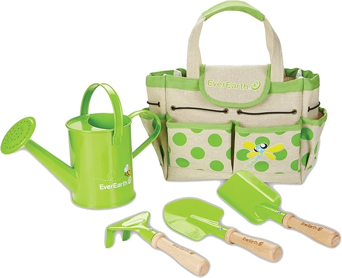 Kids Metal Gardening Tools Set, Childrens Gardening Tool Kit with Canvas Tote Bag and Metal Watering Can, Metal Hand Rake, Trowel and Shovel, FSC Certified Wood