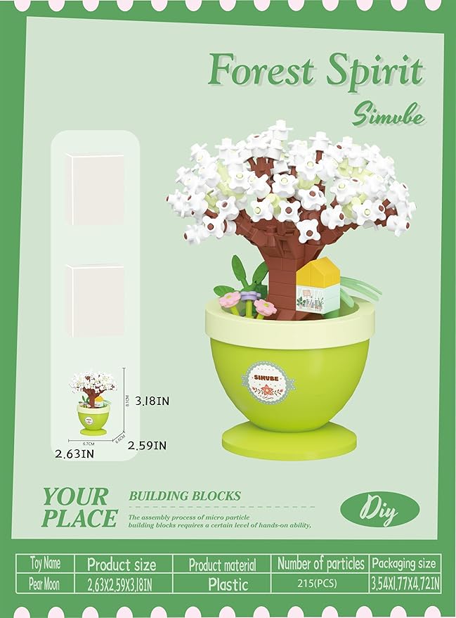 Pear Moon Mini Bonsai Tree Micro Building Set Building Toy Plant Cherry Tree Flower Collection Decor for Home Desk Greenery Decoration Building Blocks DIY Creative Gifts