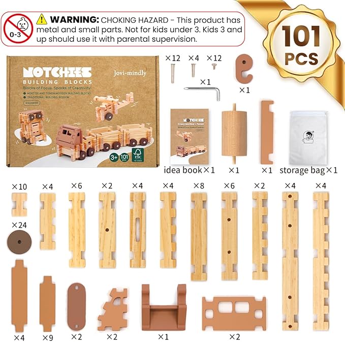 Jovi-mindly＆Notchies Space Wooden Blocks Set 101 PCS Create 40+ Shapes,Toys Educational Wooden Building Blocks Puzzles for Kids Ages 5-8 Boys and Girls,Truck/Excavator,FSC Certified