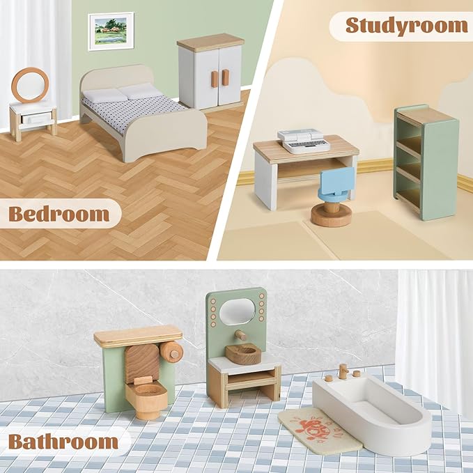23PCS Wooden Dollhouse Furniture Set for 5 Rooms, Miniature Doll House Accessories & Furniture Toys for Toddlers, Indoor Scenes Pretend Play Toy for Kids 3+