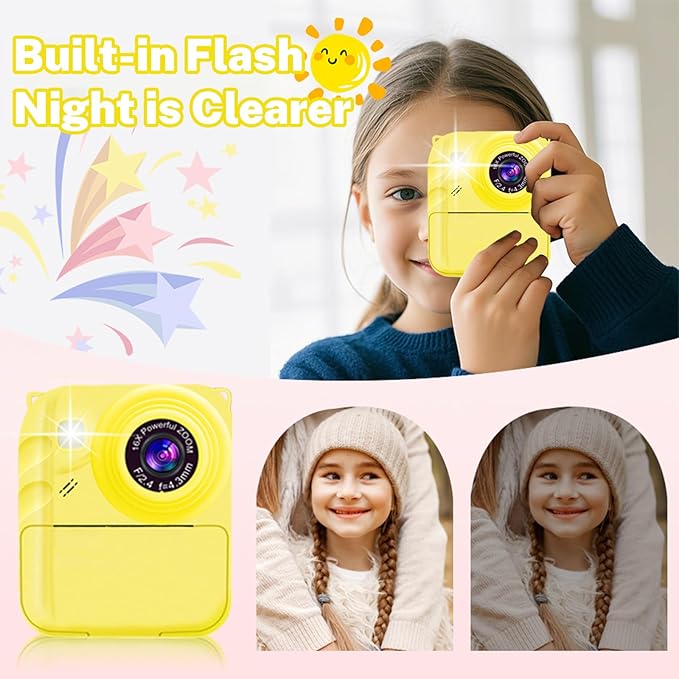 Instant Print Camera for Kids, 1080P Video Camera with 3 Print Rolls, 32GB Card & Cute Cover, Gift for Girls Boys Age 3-12, Toddler Digital Camera with Games, Filters, Music – Yellow