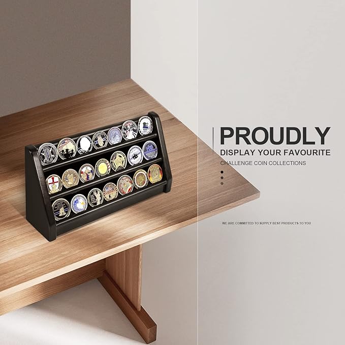 3 Rows Military Challenge Coin Display Case Wall Mount Wooden Army Coin Holder Stand Rack, Holds 21-24 Coins, Black