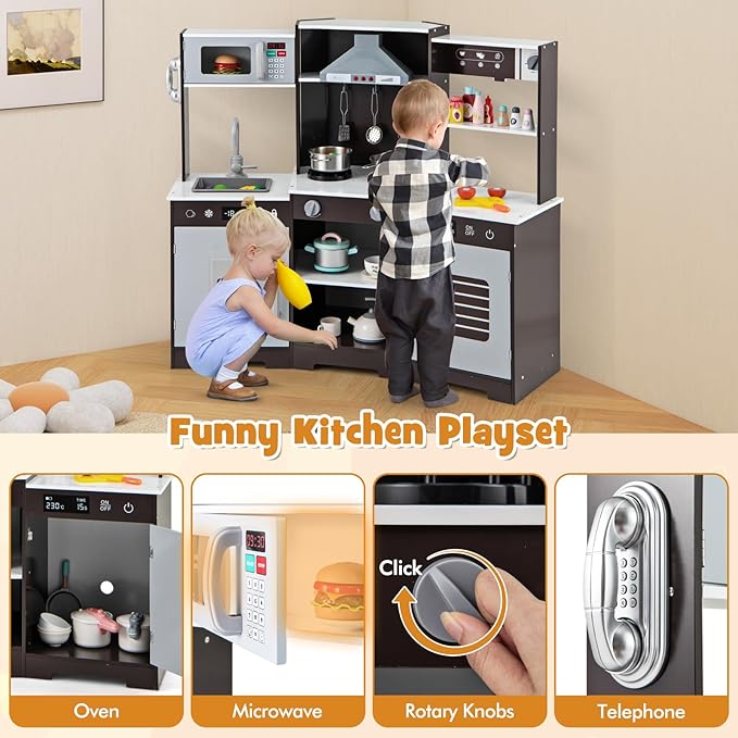 HONEY JOY Corner Kids Kitchen Playset, Wooden Toy Kitchen Set w/Lights & Sounds, Range Hood, Ice Maker & Coffee Maker, Microwave, Sink, Faucet, Little Chef Pretend Play Kitchen for Toddlers, Brown
