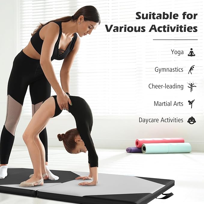 Giantex 4'x10'x 2" Gymnastics Mat, 4-Panel Folding Aerobics Exercise Mat w/Hook & Loop Fastener, Carrying Handle, Portable Tumbling Mat for Stretching Yoga Cheerleading Martial Arts