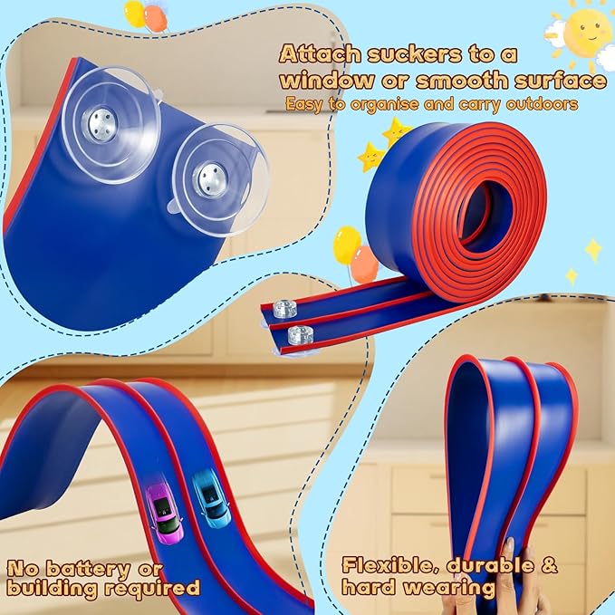 Flex Track 15 Ft Starter Set, Flexible Race Car Ramp Track for Ages 3 & Up with Suction Cups Compatible with Diecast 1/64th Cars (Blue & Red)