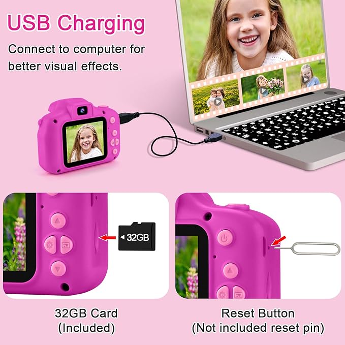 GKTZ Toys for Girls Age 3-8, Kids Camera Digital Video Toddler Camera Children Camcorder Birthday Gifts for 3 4 5 6 7 8 Year Old Girls with 32GB SD Card (Rose)