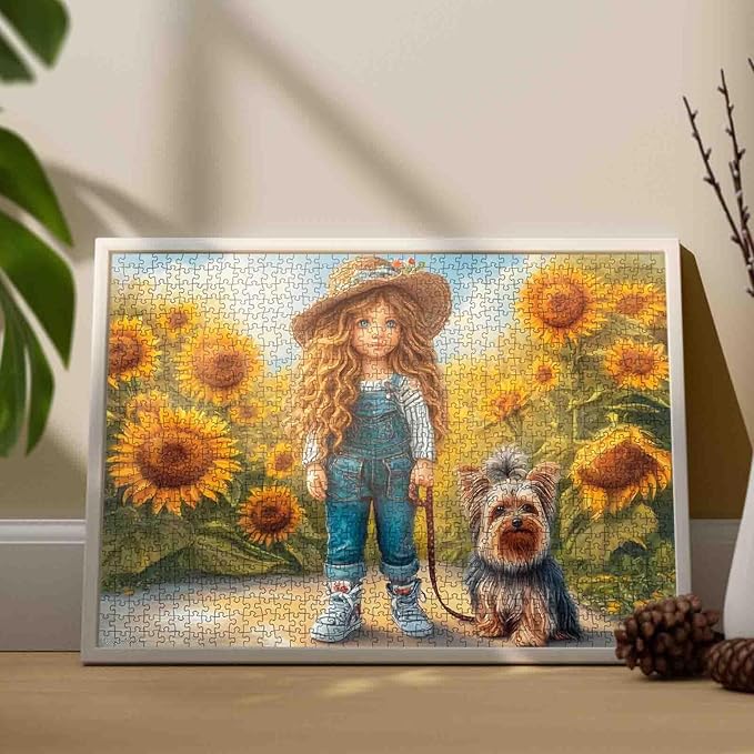 Tucocoo Whimsical Girl 1000 Piece Puzzle for Adults, Colorful Floral Dog Art Puzzle, Yorkshire Terrier in Sunflower Field Jigsaw, Challenging and Relaxing Gift for Puzzle Lovers, Home Decor 27x20Inch