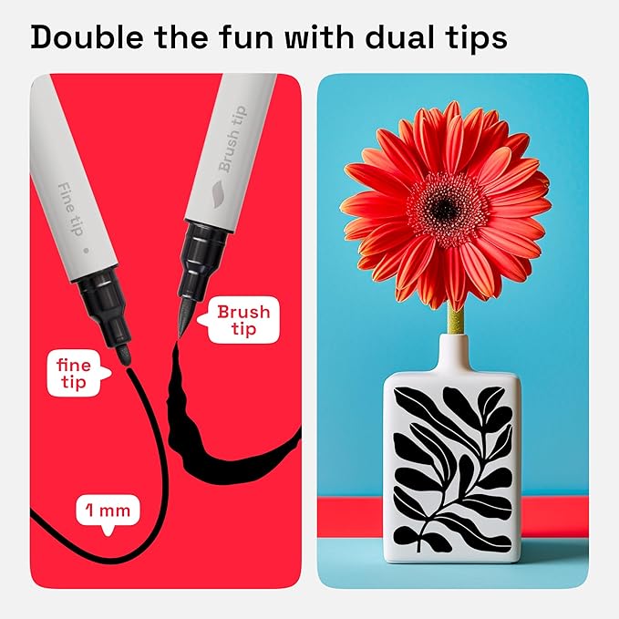 ARTISTRO 5 Black Dual Tip Brush + Fine Acrylic Paint Pens Ideal for Calligraphy - Paint Markers for Fabric, Rock, Glass, DIY - Stocking Stuffers, Christmas Gift Idea for Teens, Grandkids, Kids