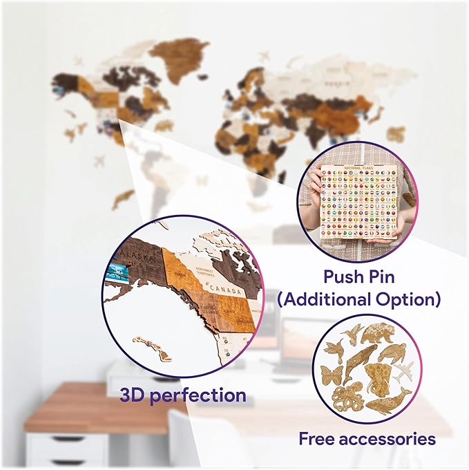 HYPERI Multilayered 3D Wooden World Map Wall Decor, Wood Art Wall Decor, Mapa Mundi Para Pared, World Maps and Push Pins, Valentine's Day Gifts For Dad, Mom, Boss, Husband, Wife (XX-Large)