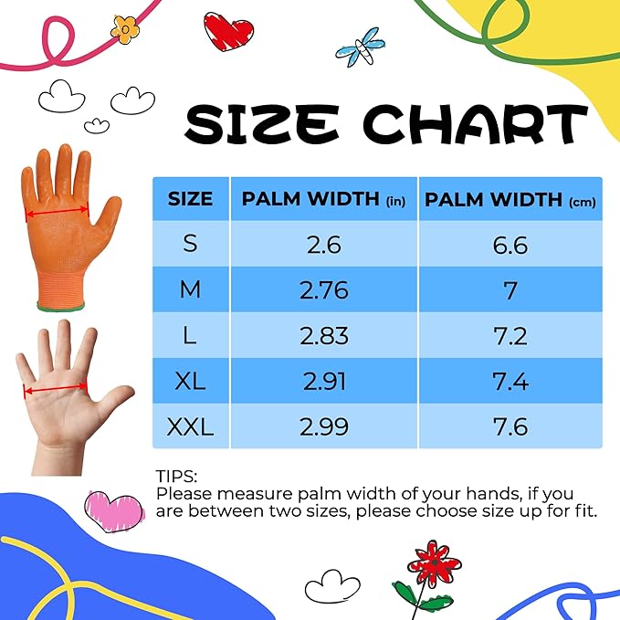 HANDLANDY 3 Pairs Kids Gardening Gloves Latex Free, Nitrile Coated Children Toddler Garden Yard Outdoor Playing Gloves for Little Girls Boys (Size L)