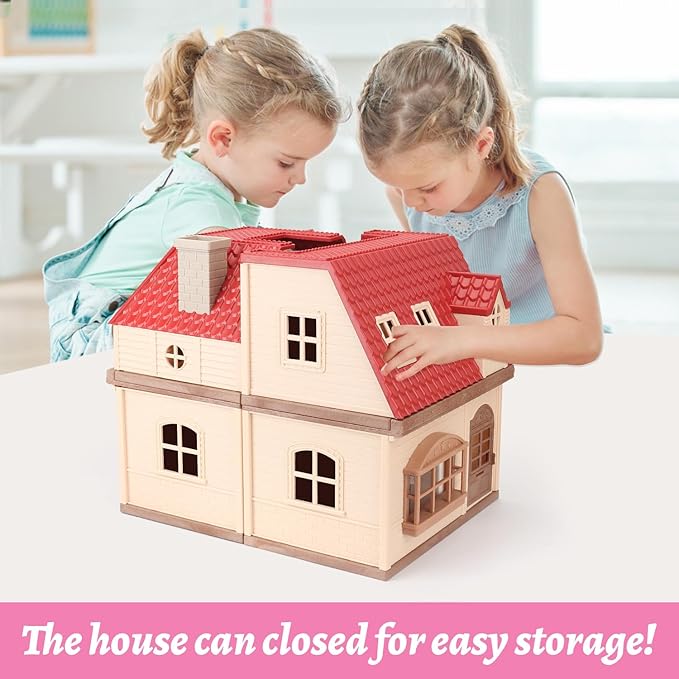 Family Cozy Cabin Doll House Playset, Dollhouse Furniture and Accessories,DIY Cottage Pretend Play Dollhouses, for Toddlers, Boys & Girls