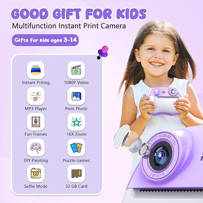 Instant Print Camera for Kids Christmas Birthday Gifts for Girls Boys HD Kids Digital Video Cameras for Toddler, Portable Toy for 3 4 5 6 7 8 9 10 11 12 Year Old with 32GB & 250 Print Paper, Purple