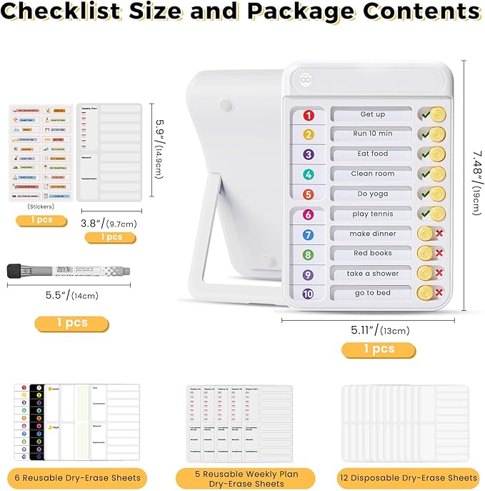 Magnetic Chore Chart for Kids, ADHD Tools for Kids to Do List Checklist Task Board Routine Chart Planning Board for Fridge with 10 Sliders and Magnetic Marker - White