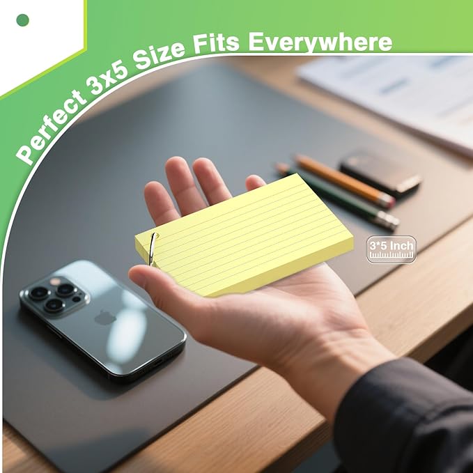 250 Count Colored Index Cards with Ring 3 x 5 Inch Heavyweight Ruled Index Cards, Flash Cards for School & Office Supplies and Home Organization, Durable Study To Do List Note Cards with Ruled Lines