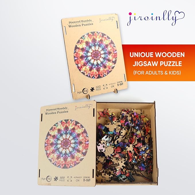 Jiroinlly Wooden Jigsaw Puzzles - Crystal Mandala Wooden Puzzles for Adults 500 Pcs, 16.5'' Luxurious Shaped Wood Puzzle, Beautiful Package, Best Gift Toys for Adults and Kids, Family Game